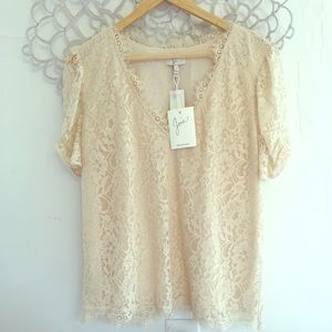 Cream Joie Lace Short-Sleeve V-Neck Blouse, M